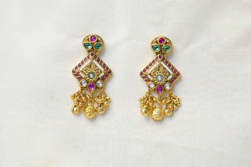 Traditional Gold-Plated Multi-Stone Drop Earrings with Floral Design