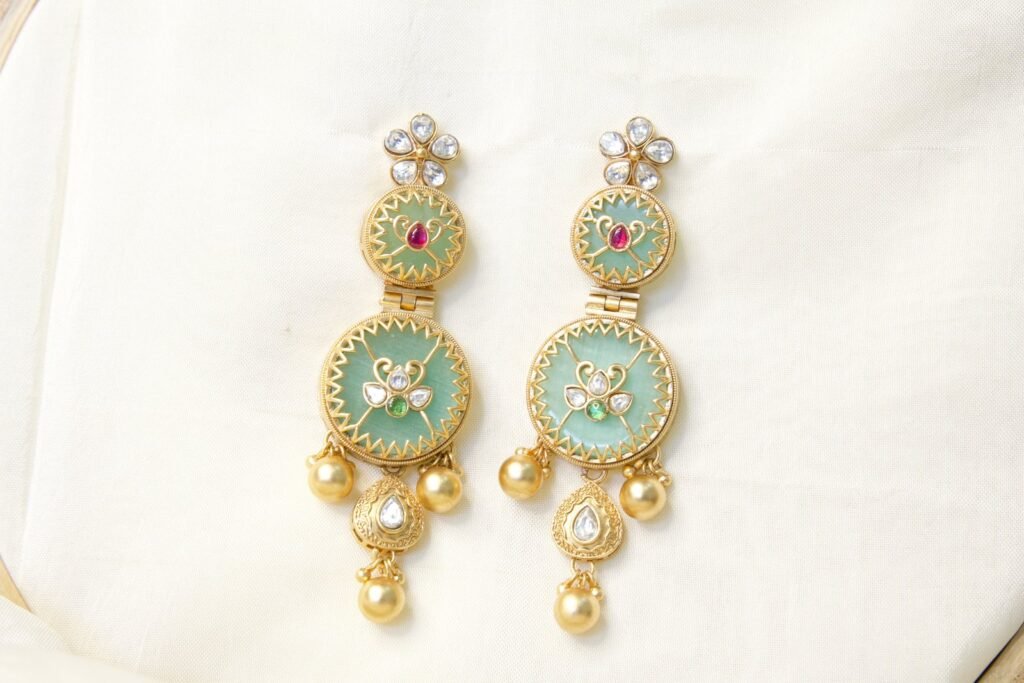 Elegant Turquoise and Gold Kundan Earrings with Pearl Drops