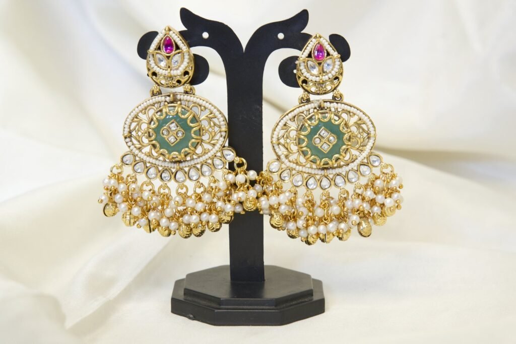 Traditional Gold-Toned Chandbali Earrings with Green Enamel and Pearl Jhumka