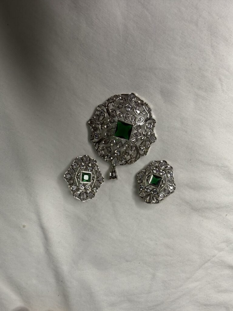 Vintage Green Stone and Marcasite Jewelry Set - Brooch and Earrings