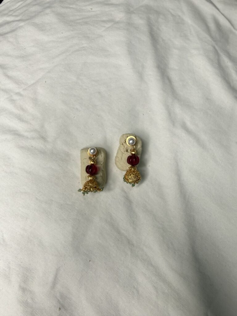 Gold-Toned Red Bead Drop Earrings with Textured Ball Charm