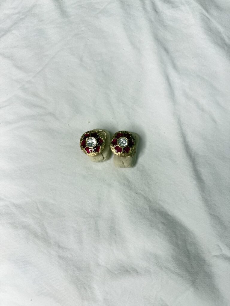 Vintage Floral Enamel Stud Earrings with Crystal Center