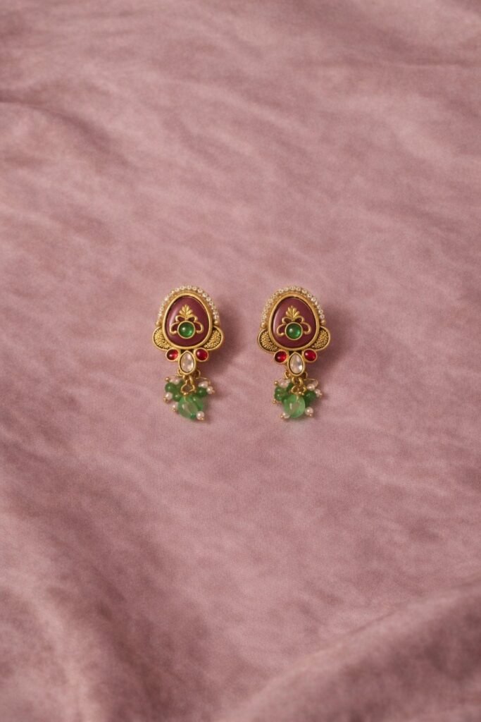 Traditional Antique Gold Plated Kundan Drop Earrings with Green Stones