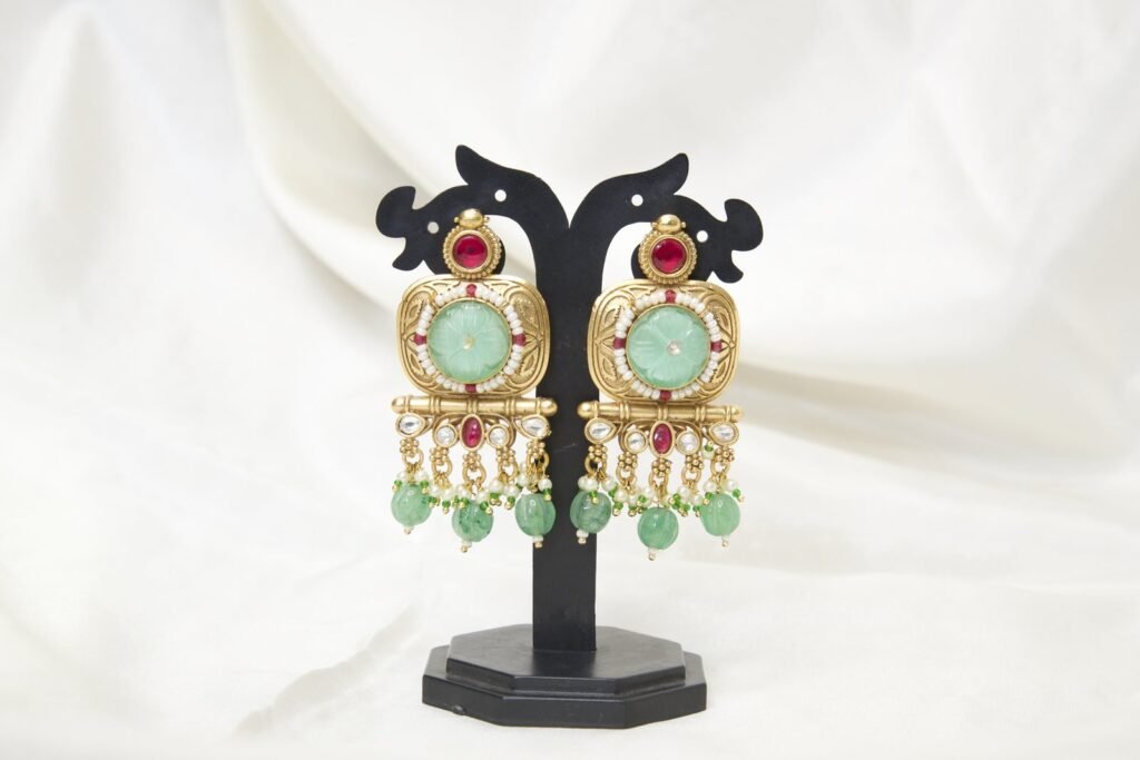Kundan Mint Green & Ruby Red Chandbali Earrings with Pearl Drops