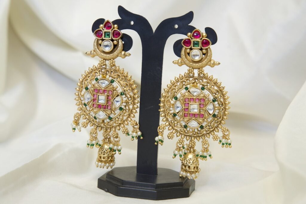 Traditional Gold-Toned Chandbali Earrings with Colorful Stone Work and Jhumka Drops