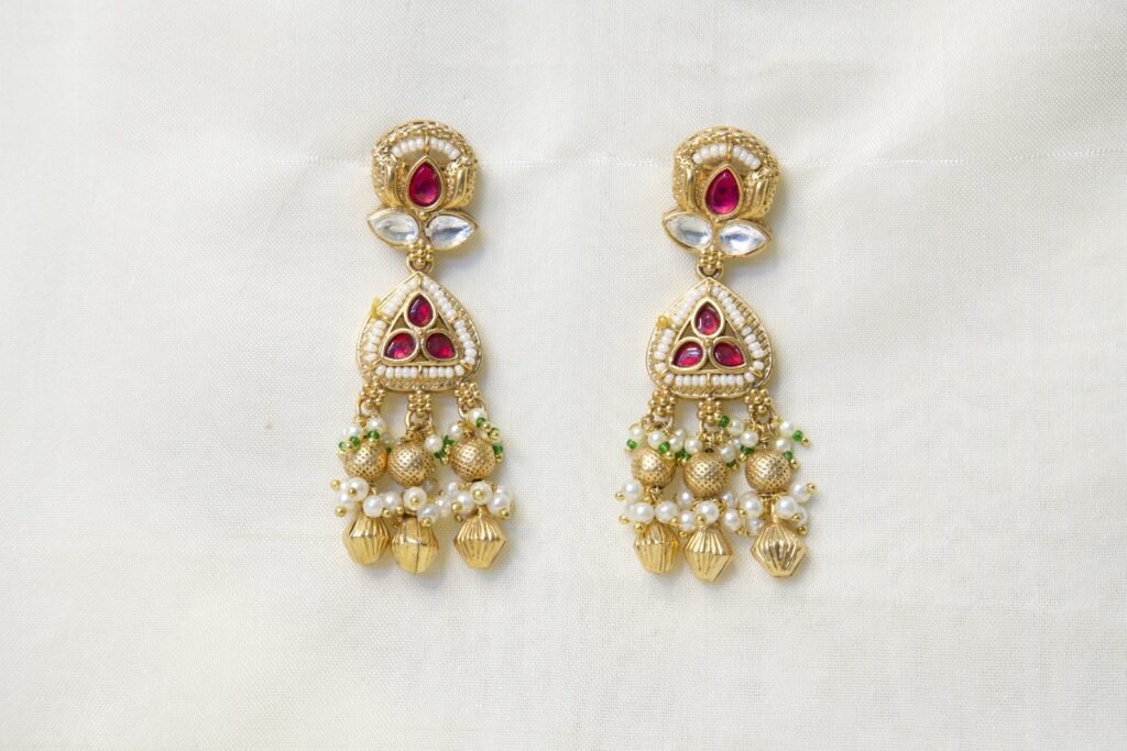 Traditional Gold-Toned Kundan Jhumka Earrings with Ruby & Pearl Drops