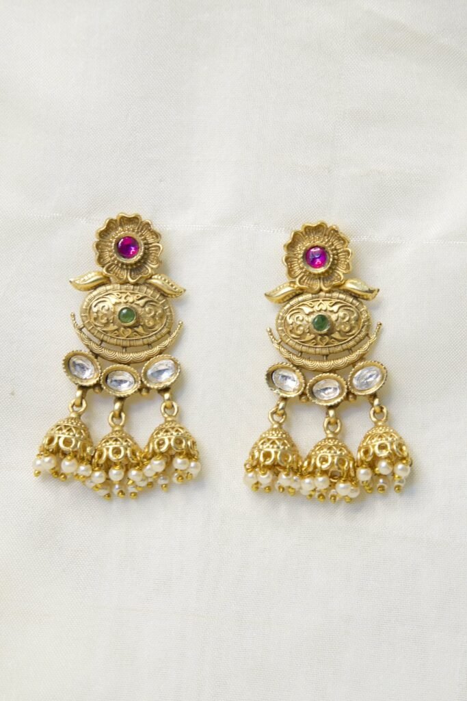 Traditional Gold-Plated Jhumka Earrings with Colorful Gemstones and Pearl Accents