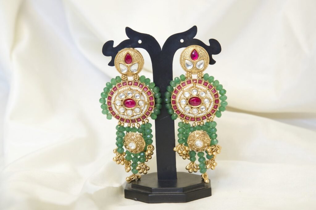 Traditional Gold-Toned Kundan & Green Beaded Long Earrings for Women