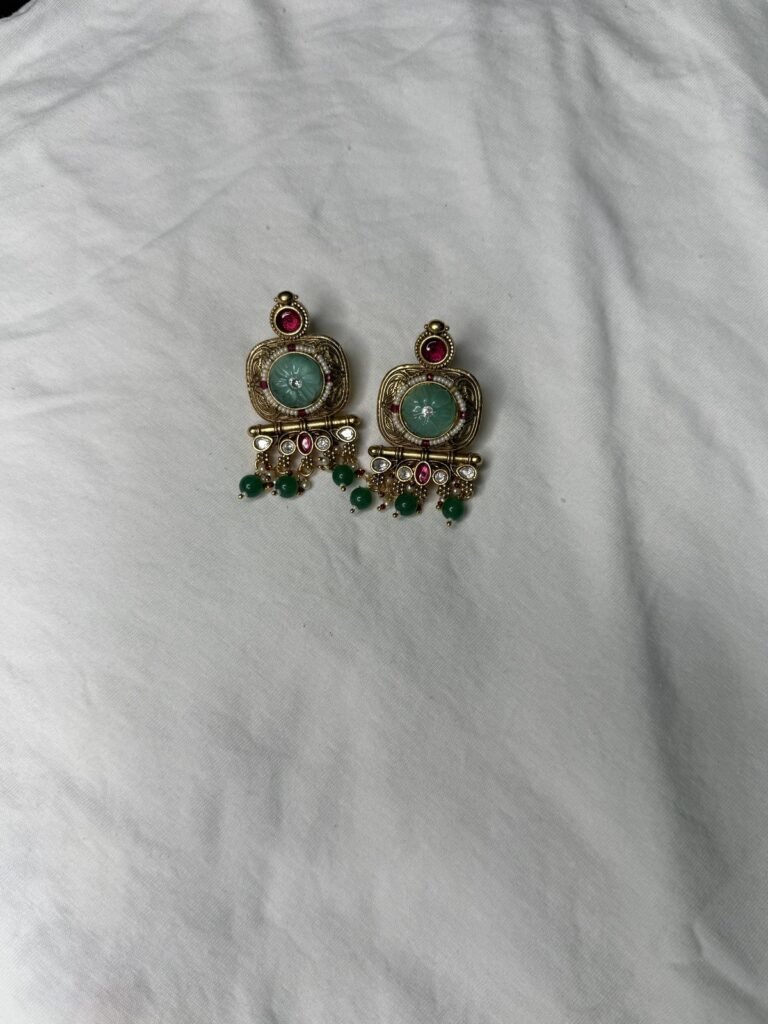 Elegant Gold-Plated Kundan Earrings with Turquoise and Ruby Stones