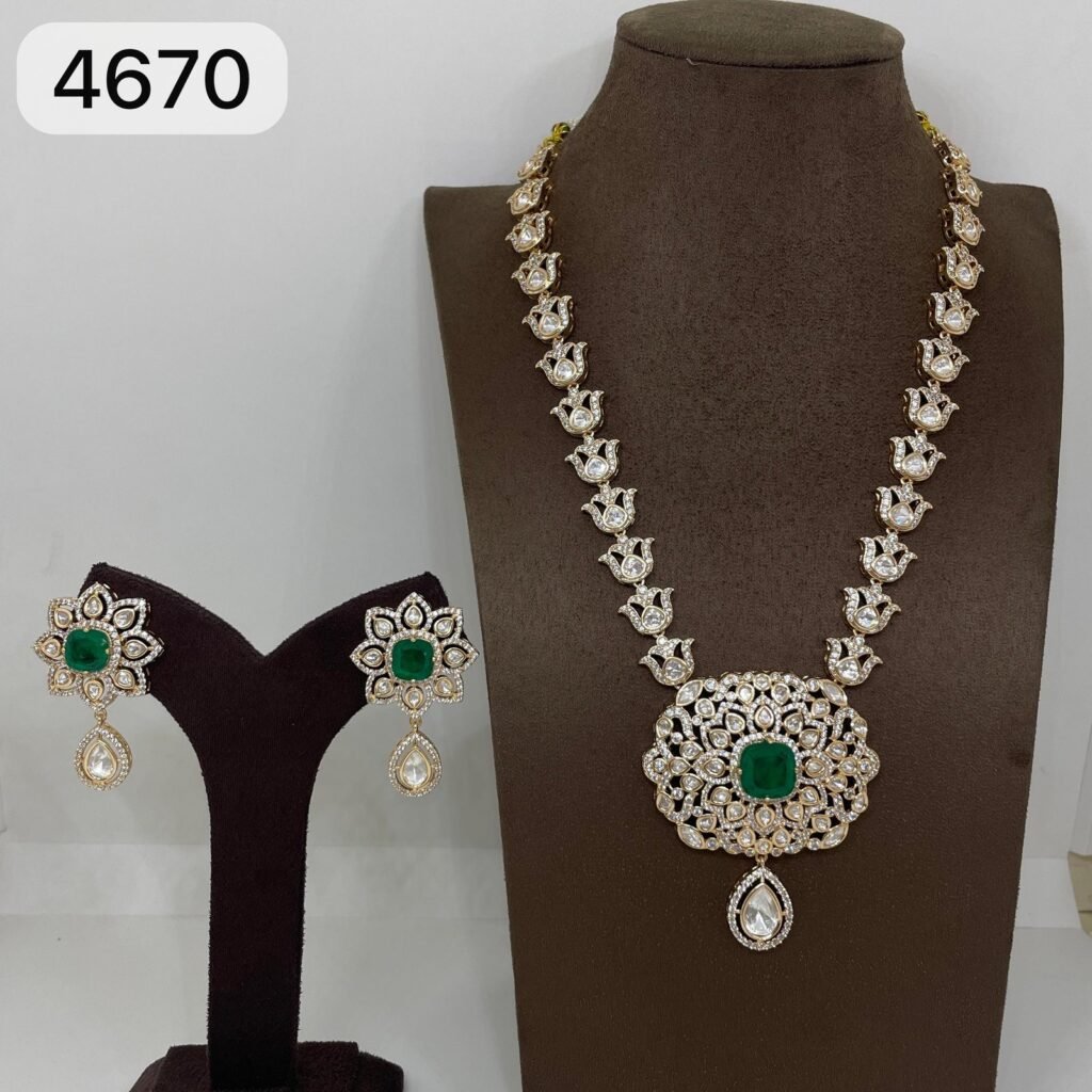 Elegant American Diamond Necklace Set with Green Stone Pendant