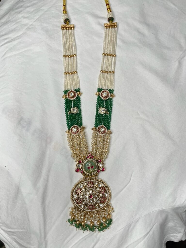 Traditional Green and Gold Pearl Beaded Long Necklace with Matching Earrings
