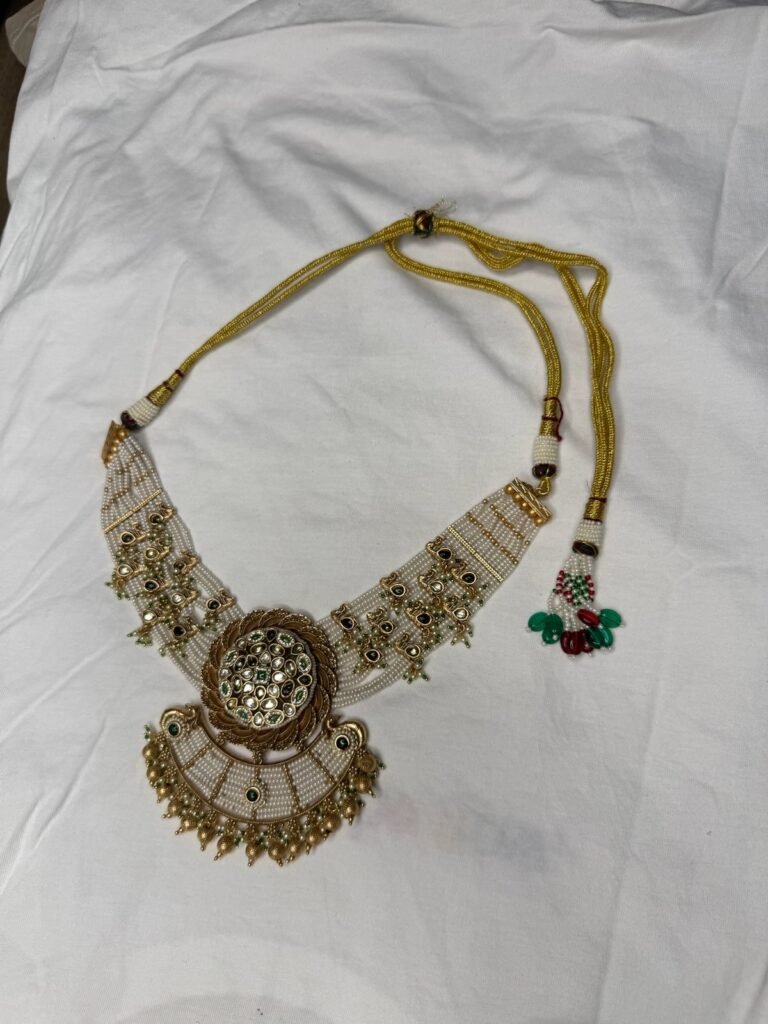 Traditional Gold-Toned Beaded Necklace Set with Kundan Work and Matching Earrings