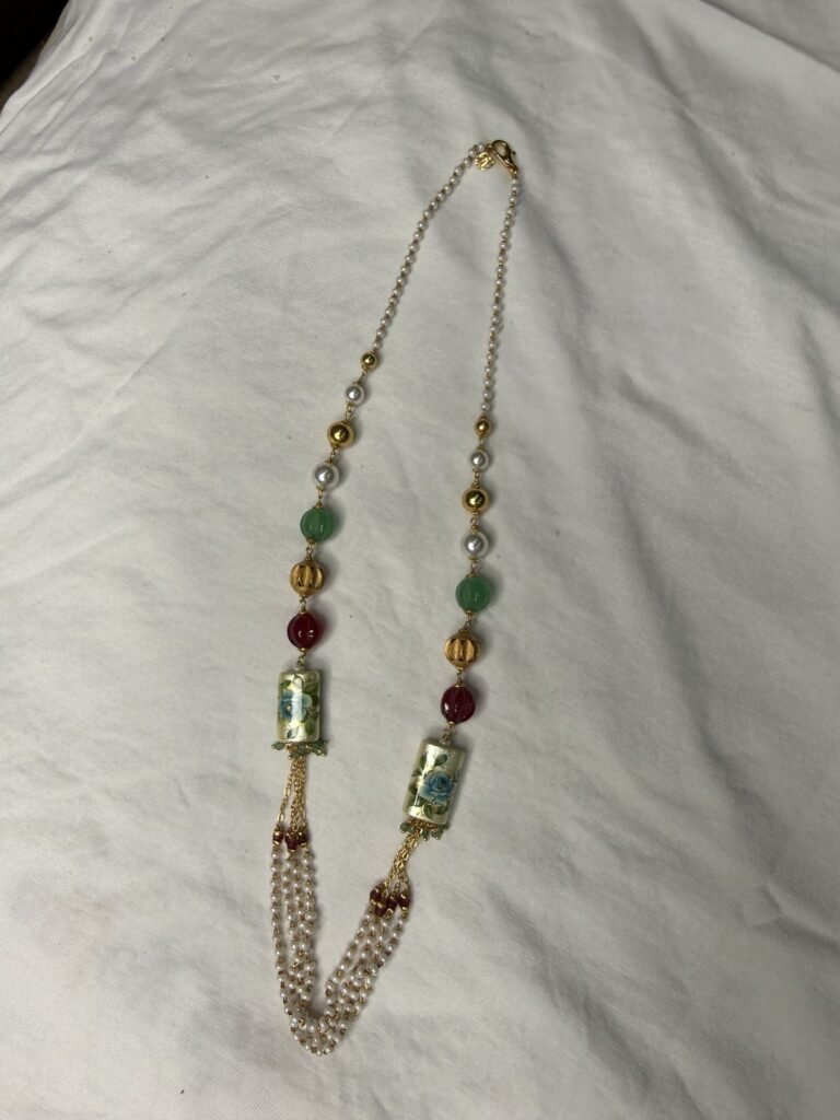 Decorative Pearl and Gemstone Tassel Necklace with Ethnic Cylinder Beads