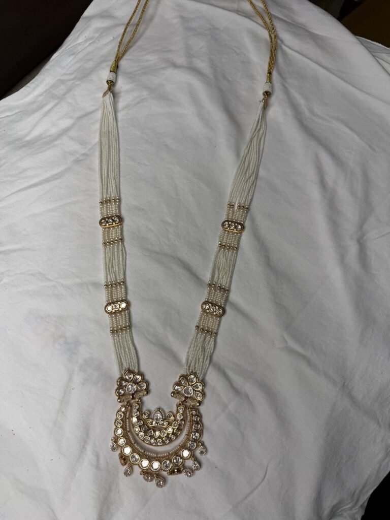Traditional White Beaded Long Necklace Set with Matching Earrings