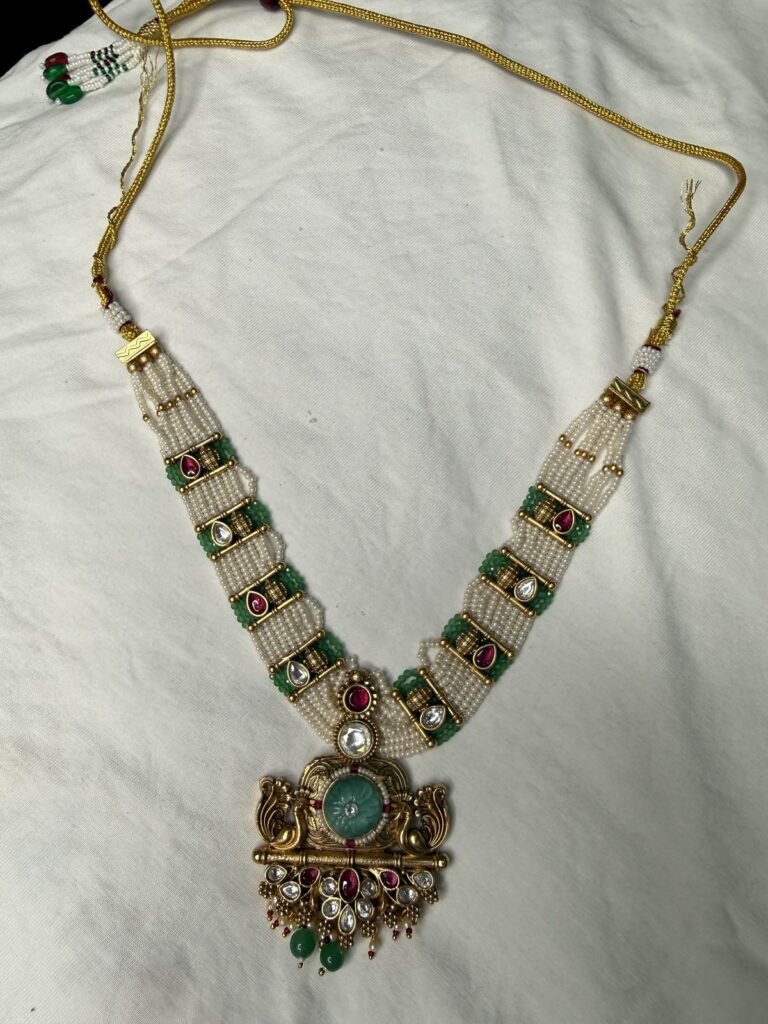 Traditional Pearl & Kundan Necklace Set with Green Stone Pendant