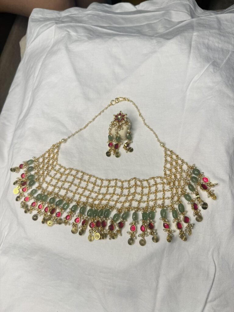 Traditional Gold-Toned Choker Necklace Set with Green and Red Gemstone Accents