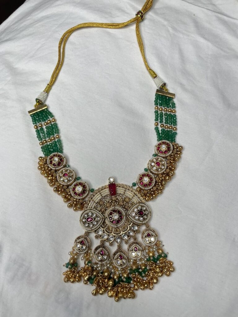 Traditional Gold-Toned Kundan Necklace Set with Green Beads and Pearls