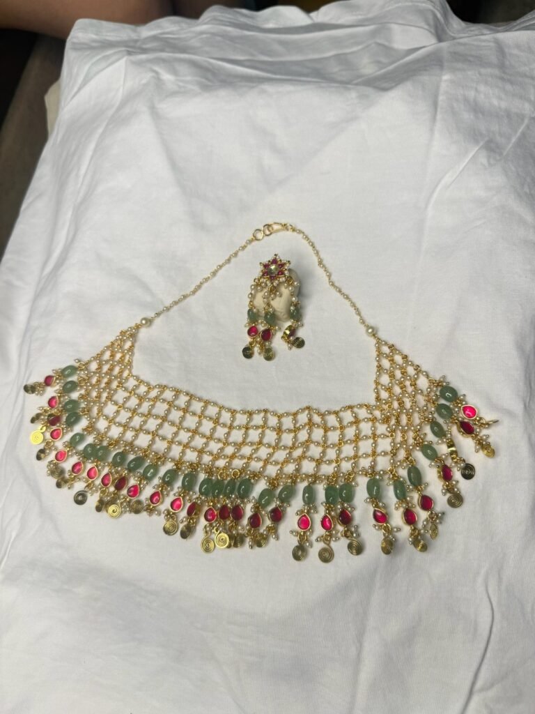 Traditional Gold-Tone Kundan Choker Necklace Set with Green and Red Stones