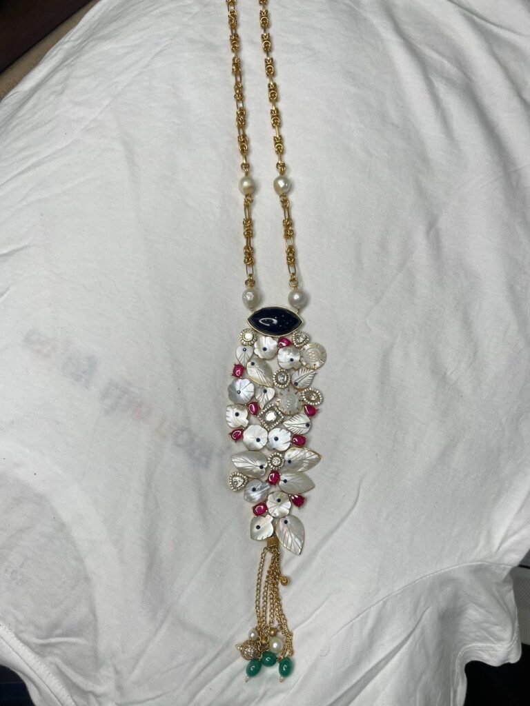 Elegant Mother-of-Pearl Floral Necklace and Earrings Set with Red Crystal Accents