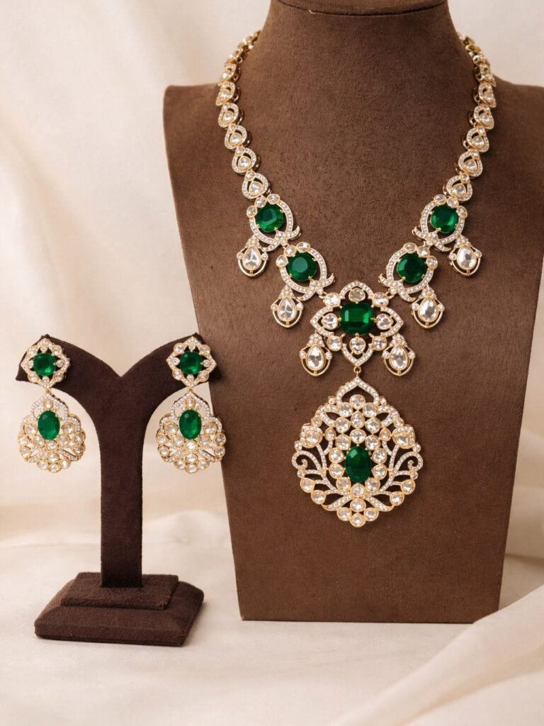 Emerald Green Stone Kundan Necklace Set with Matching Earrings