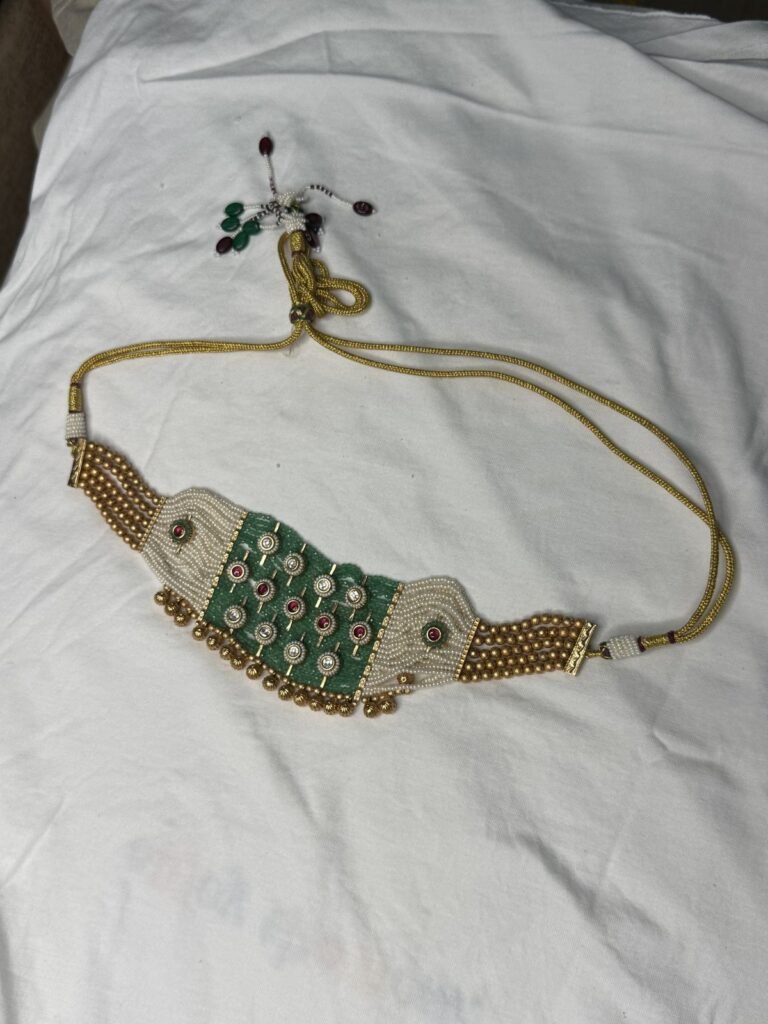 Gold-Toned Green Stone Choker Necklace Set with Jhumka Earrings