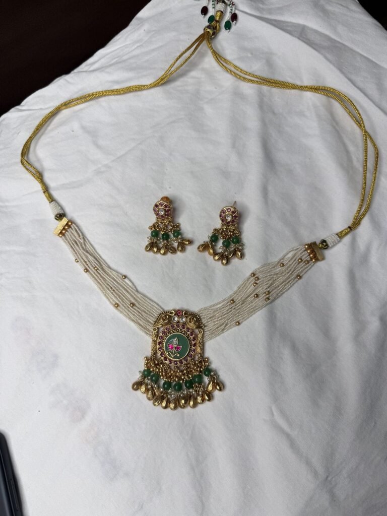 Traditional Gold-Toned Necklace Set with Green Stones and Matching Earrings