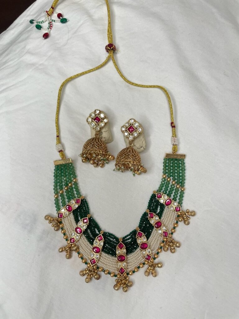 Green and Gold Beaded Necklace Set with Jhumka Earrings