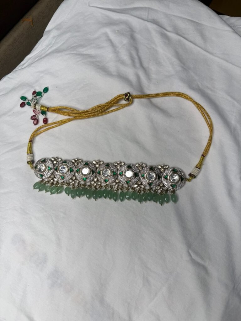 Oxidized Silver Choker Necklace Set with Green Stone Drops and Matching Earrings