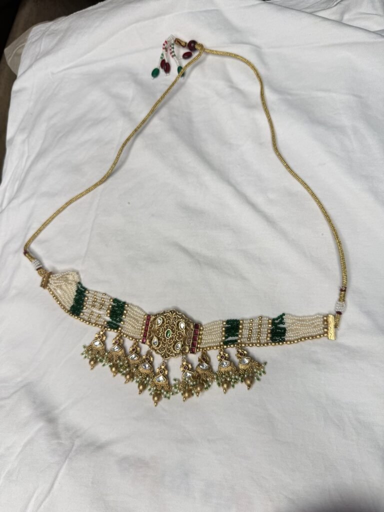 Traditional Pearl and Green Stone Choker Necklace Set with Matching Earrings