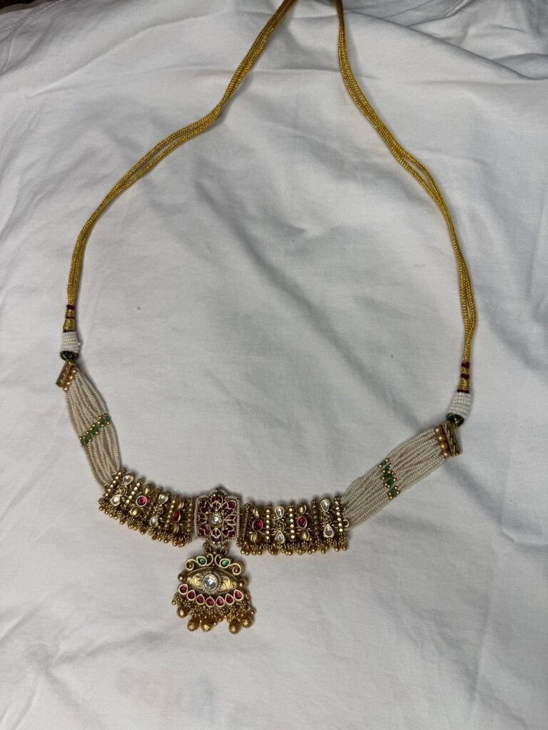 Traditional Golden Beaded Necklace Set with Jhumka Earrings