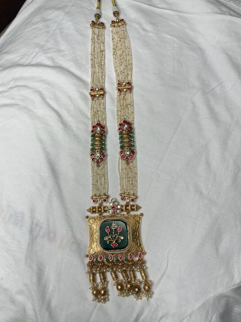 Traditional Gold-Toned Necklace Set with Green and Pink Embellishments