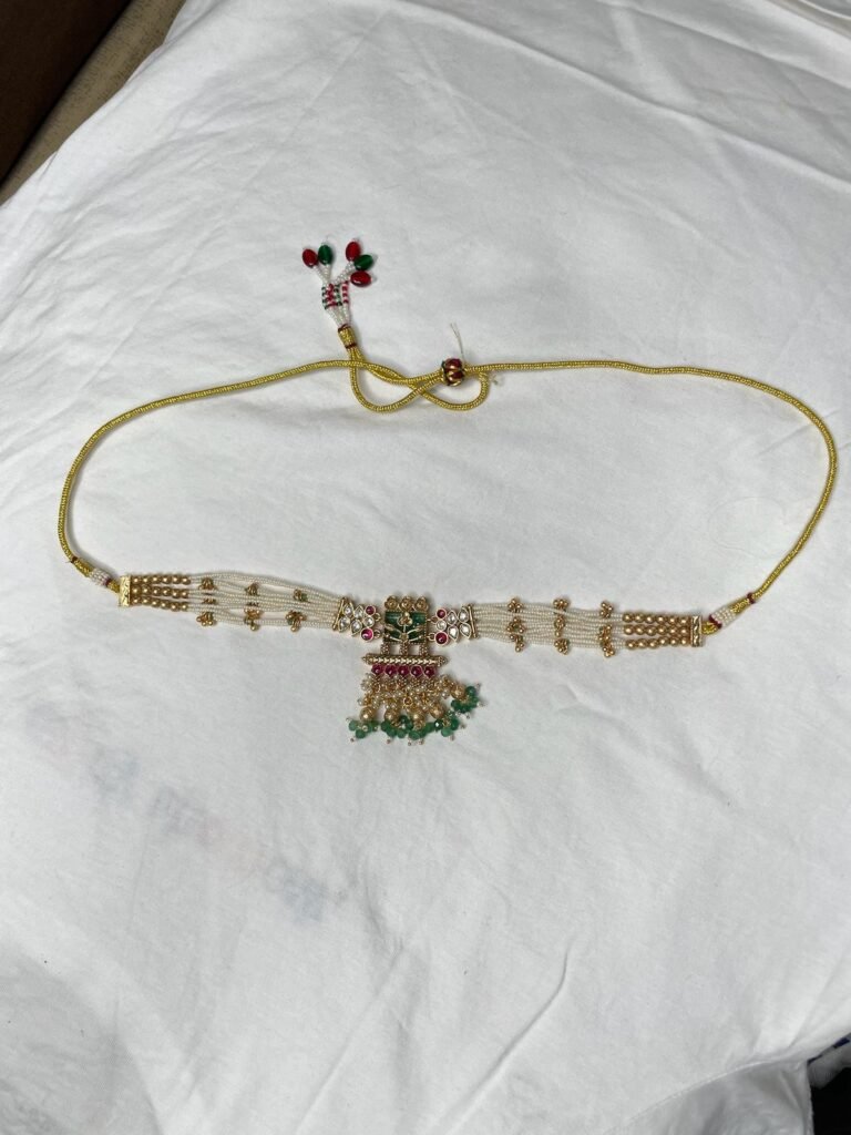 Traditional Gold-Toned Choker Necklace Set with Green and Pink Stone Embellishments