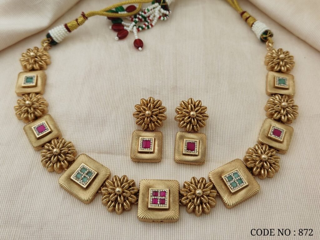 Traditional Gold-Toned Floral Necklace Set with Colorful Stone Accents