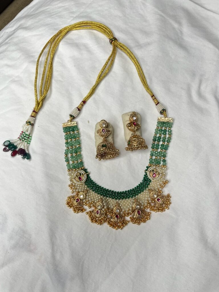 Traditional Green Beaded Necklace Set with Jhumka Earrings