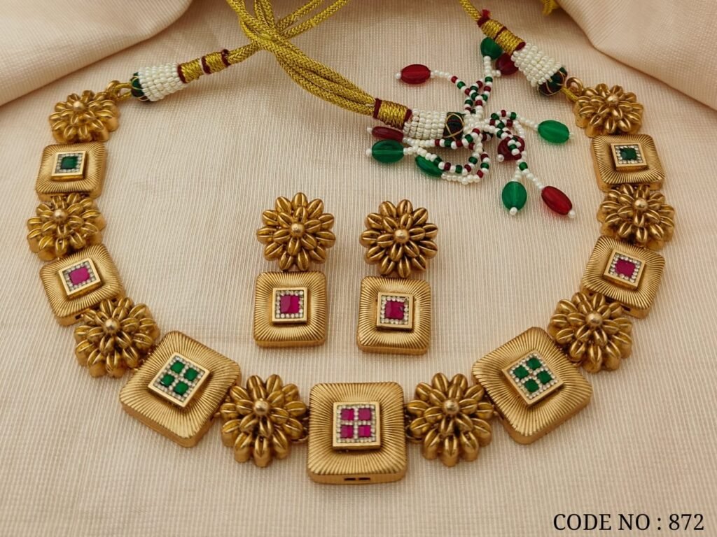 Traditional Gold-Toned Necklace and Earrings Set with Multicolor Stones