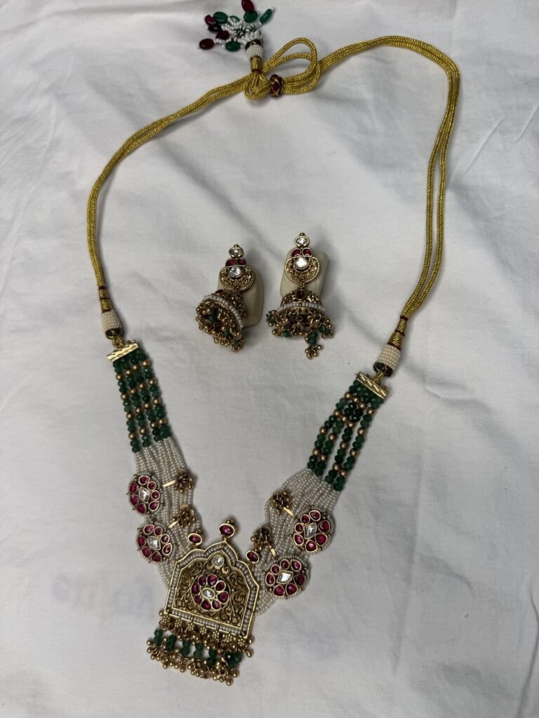 Traditional Gold-Toned Kundan Necklace Set with Jhumka Earrings