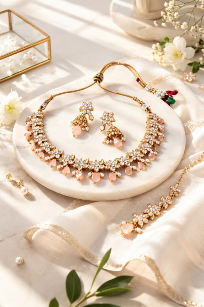 Pink Stone Studded Kundan Necklace Set with Earrings and Maang Tikka