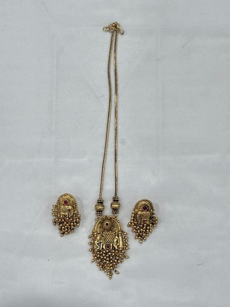 Traditional Gold-Toned Pendant Earrings with Pink Stone and Chain