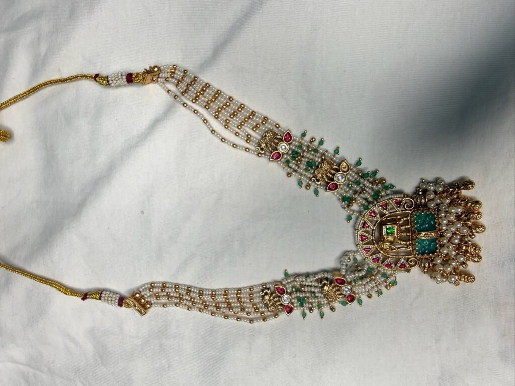 Traditional Gold-Tone Pearl & Stone Kundan Necklace Set with Jhumka Earrings