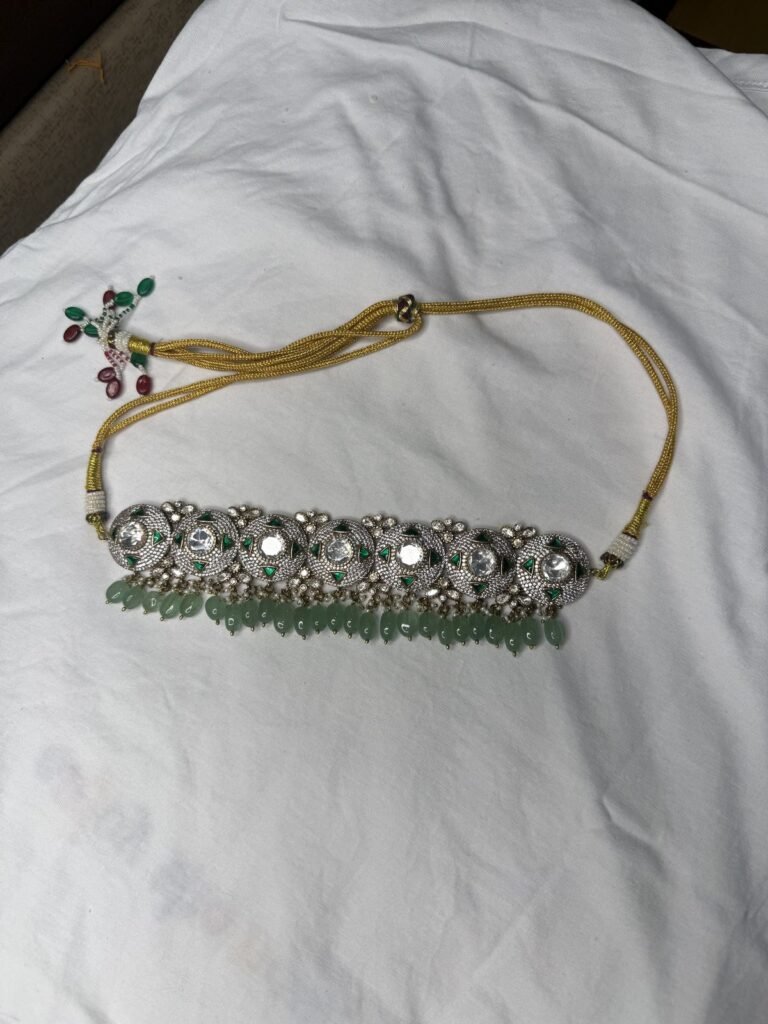 Oxidized Silver-Tone Kundan Necklace Set with Green Bead Drops