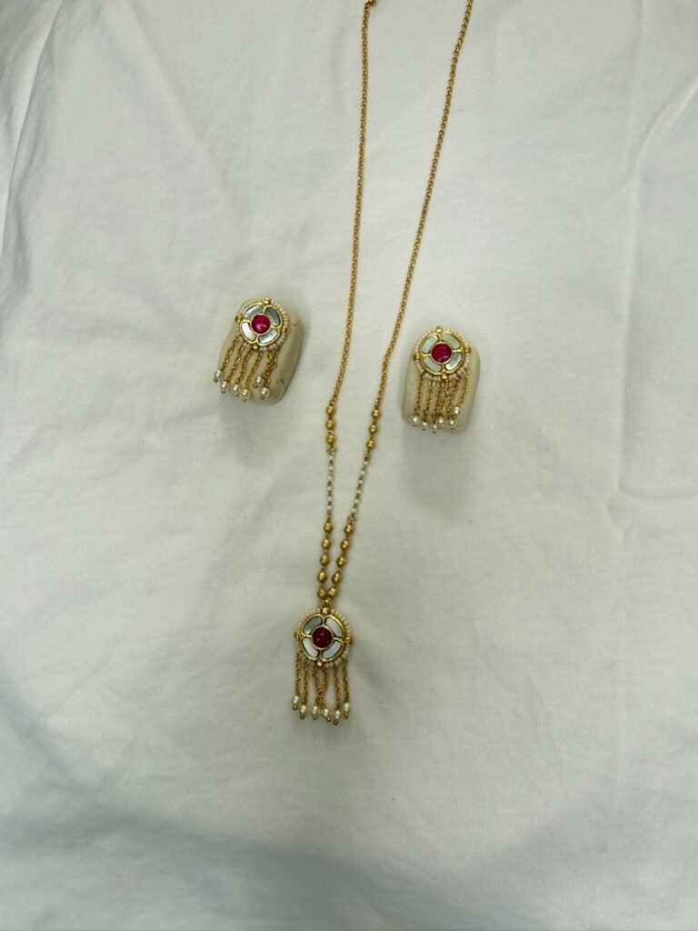 Gold-Toned Pendant Necklace and Earrings Set with Red Stone and Pearl Drops