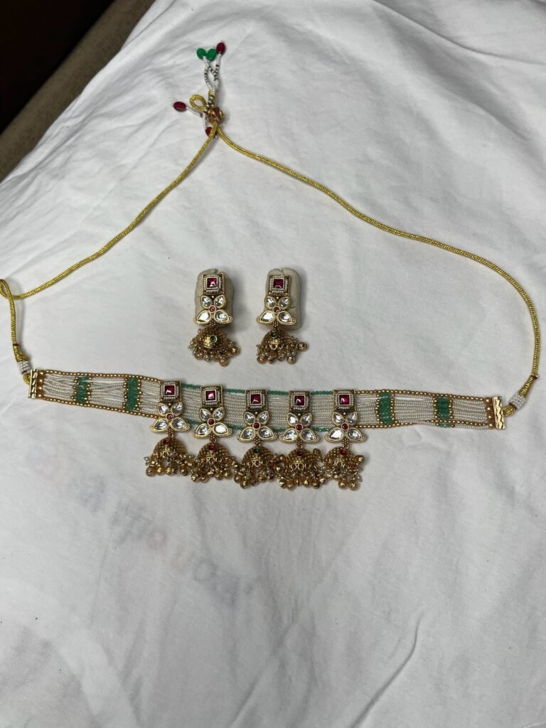 Kundan and Meenakari Choker Necklace Set with Matching Earrings