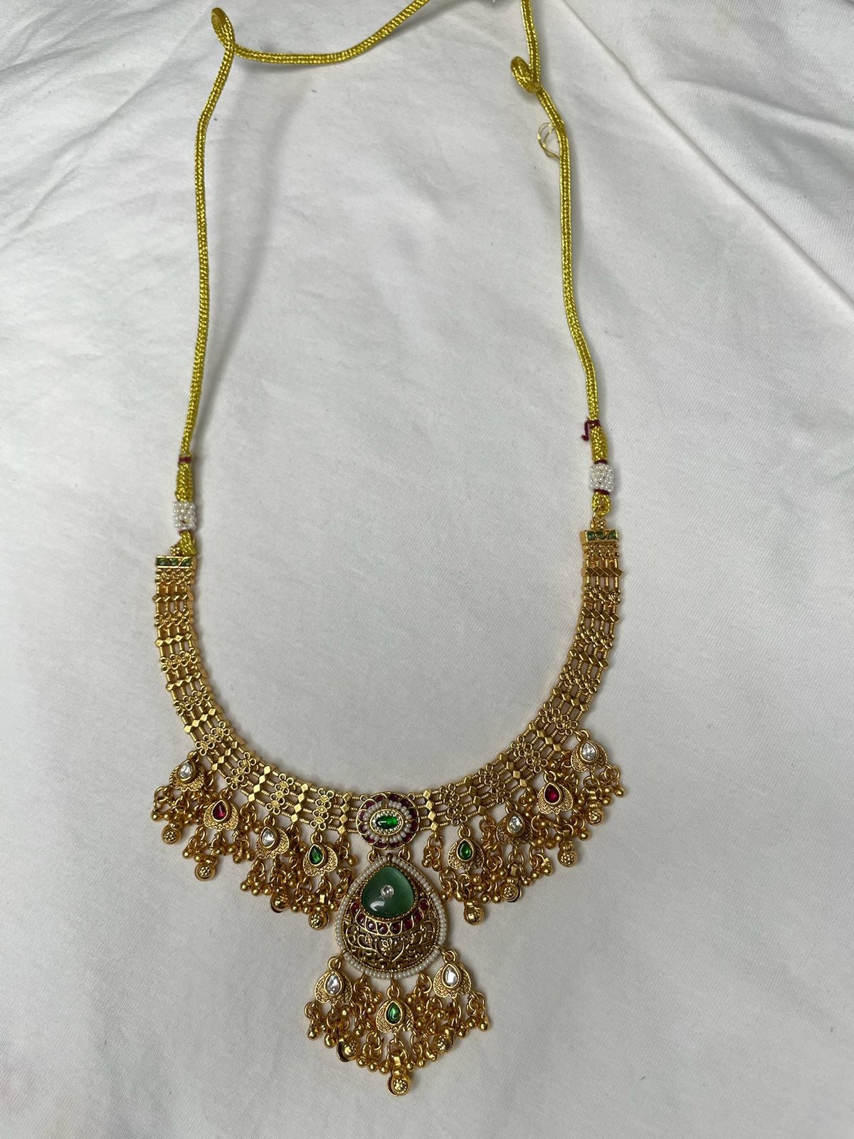 Gold-Plated Green Stone Kundan Necklace Set with Matching Earrings