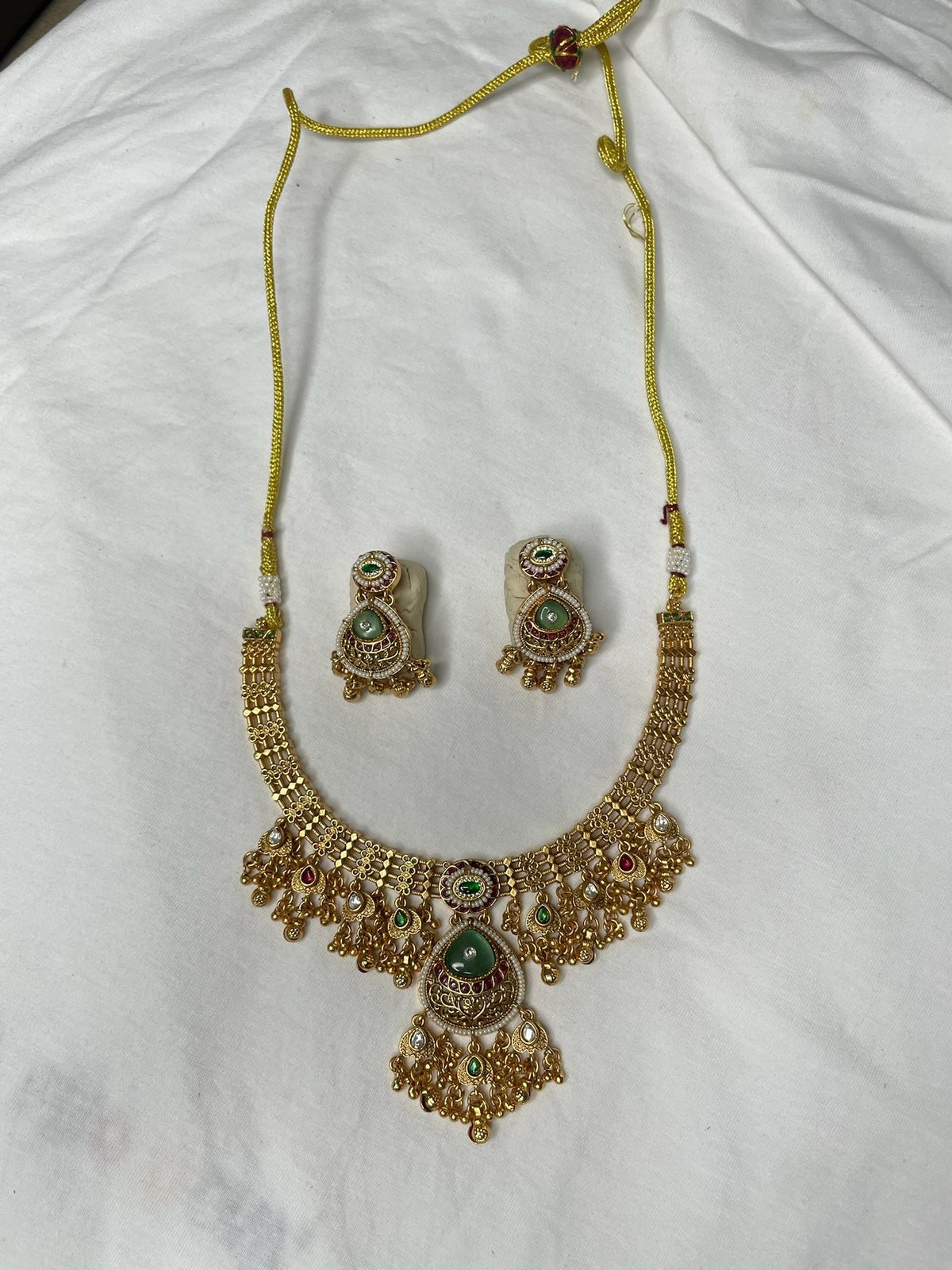 Gold-Plated Green Stone Kundan Necklace Set with Matching Earrings - Image 2