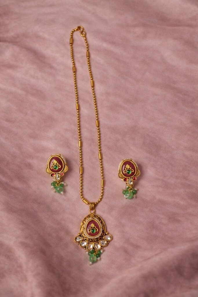 Traditional Gold-Toned Kundan Necklace Set with Green Beads