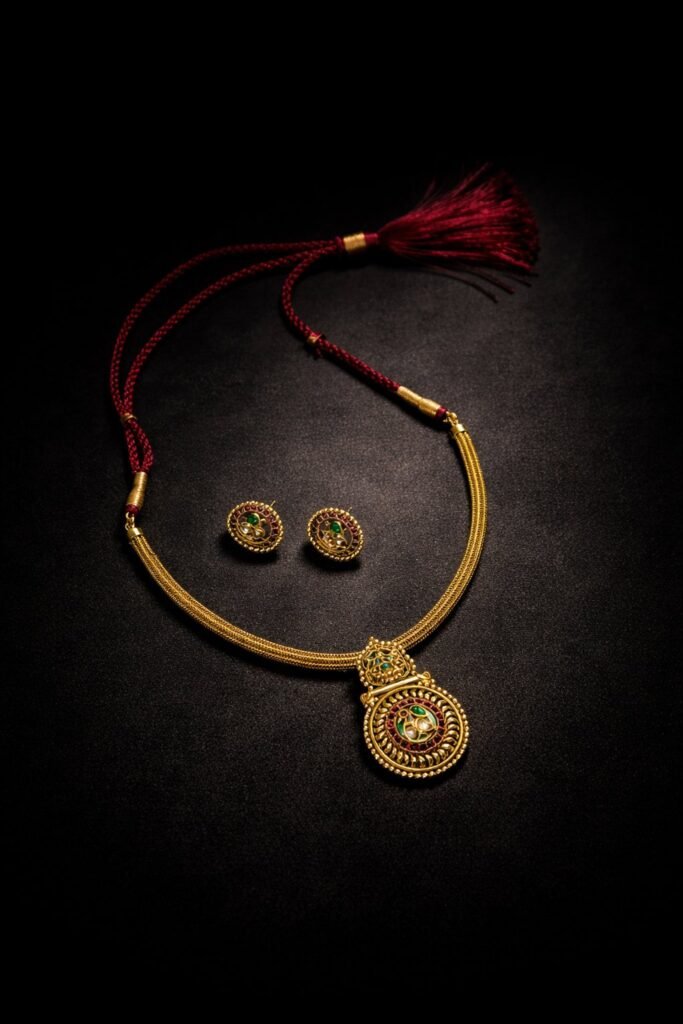 Traditional Gold-Toned Necklace Set with Green Stone Pendant and Maroon Thread Detailing