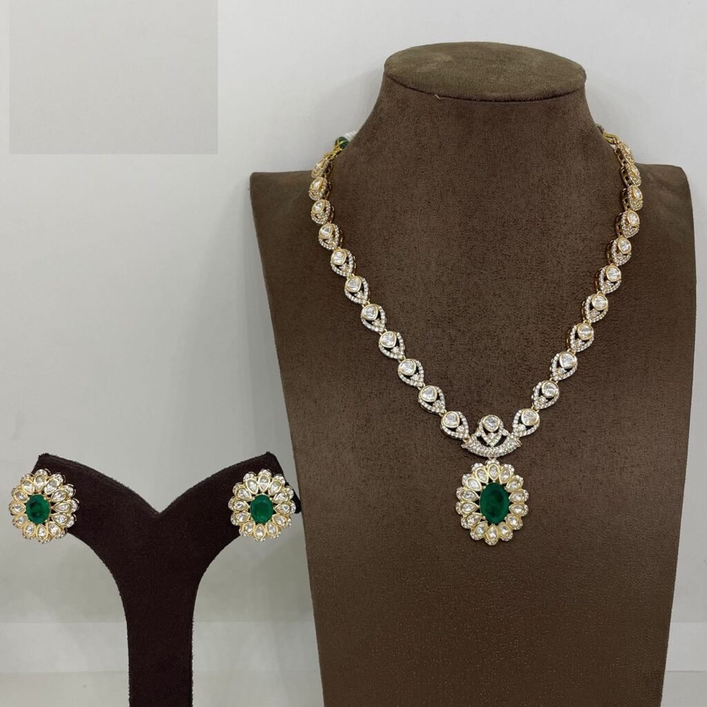 Green Stone Studded Necklace and Earring Set