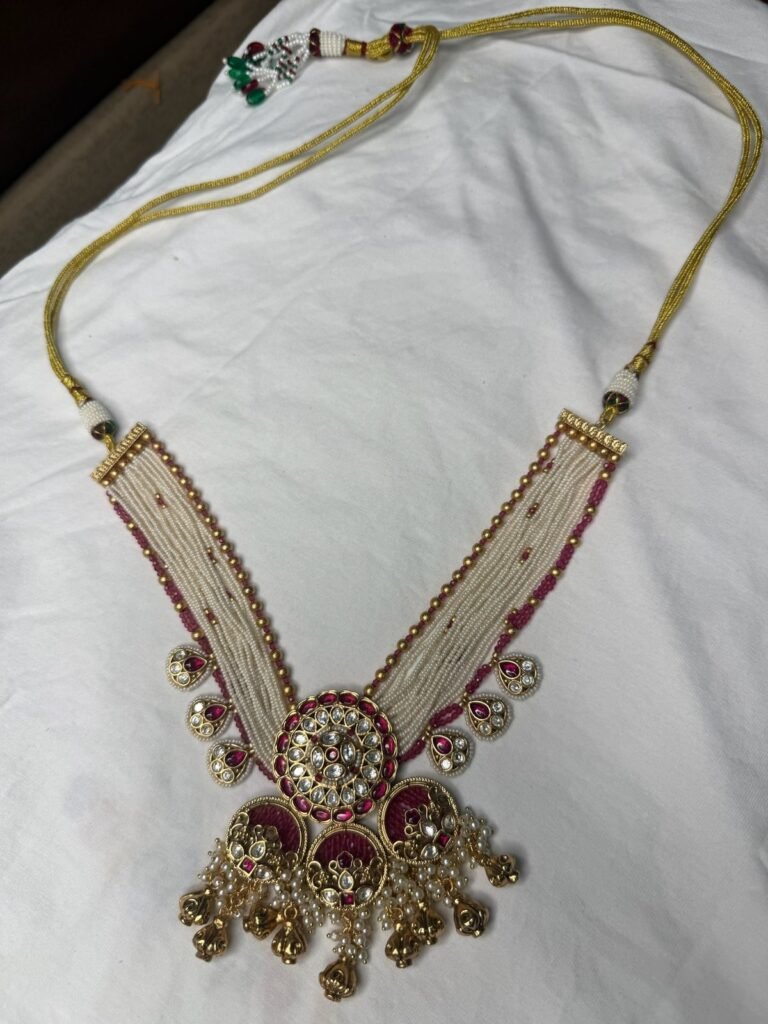 Traditional Gold-Toned Kundan & Pearl Necklace Set with Matching Earrings