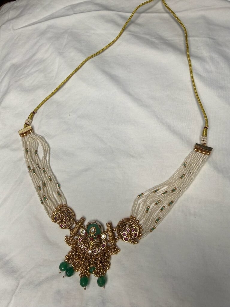 Antique Gold Peacock Necklace Set with Green Stone Jhumka Earrings