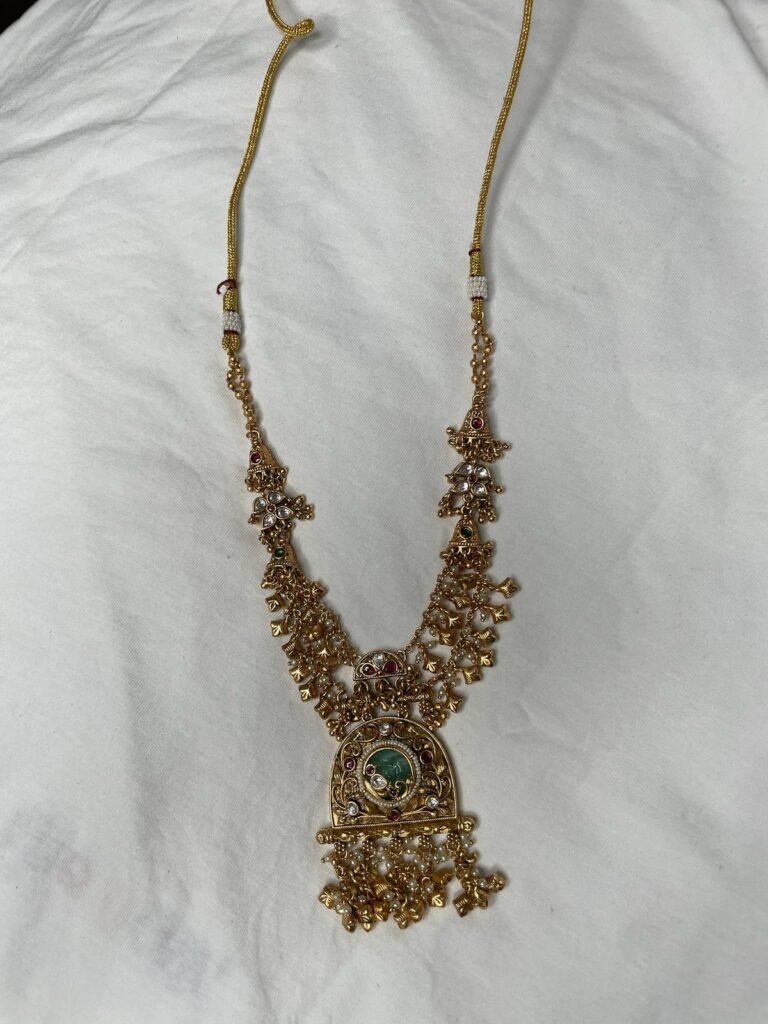 Traditional Antique Gold-Plated Kundan Necklace Set with Green and Pink Stones